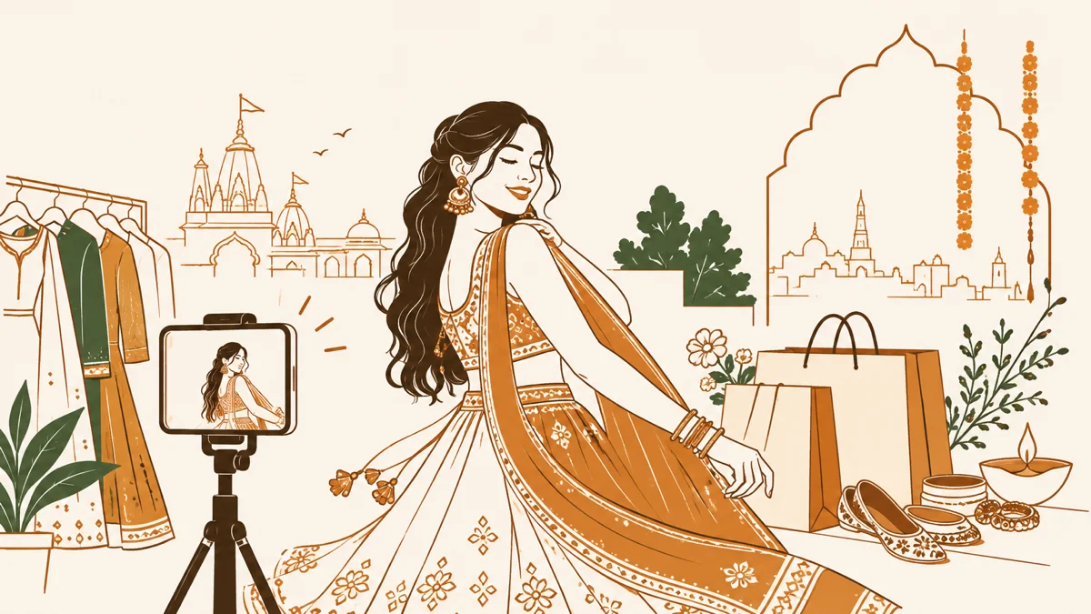 Illustration of a Gujarati woman in a bandhani chaniya choli filming a get-ready reel on her phone before garba night