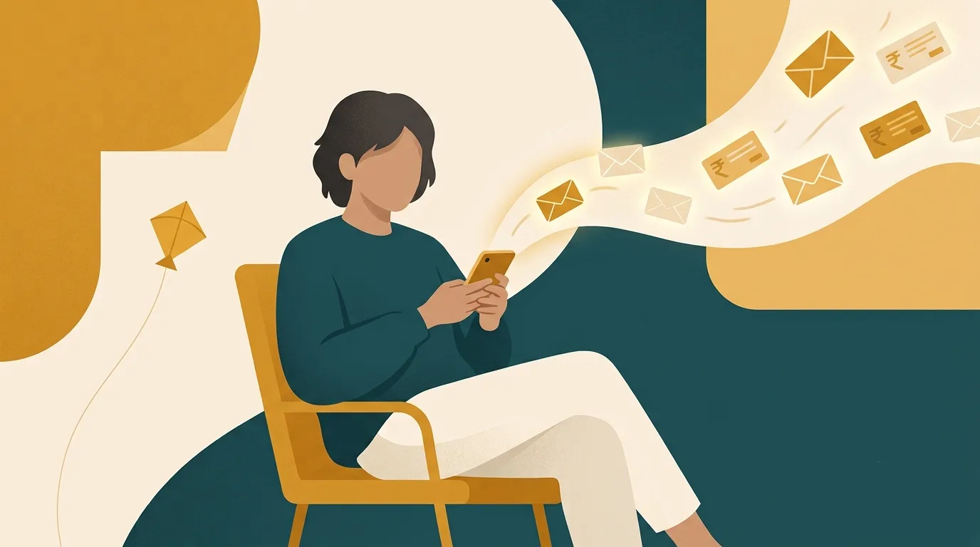 Illustration of a Gujarati creator on their phone receiving paid brand deal offers