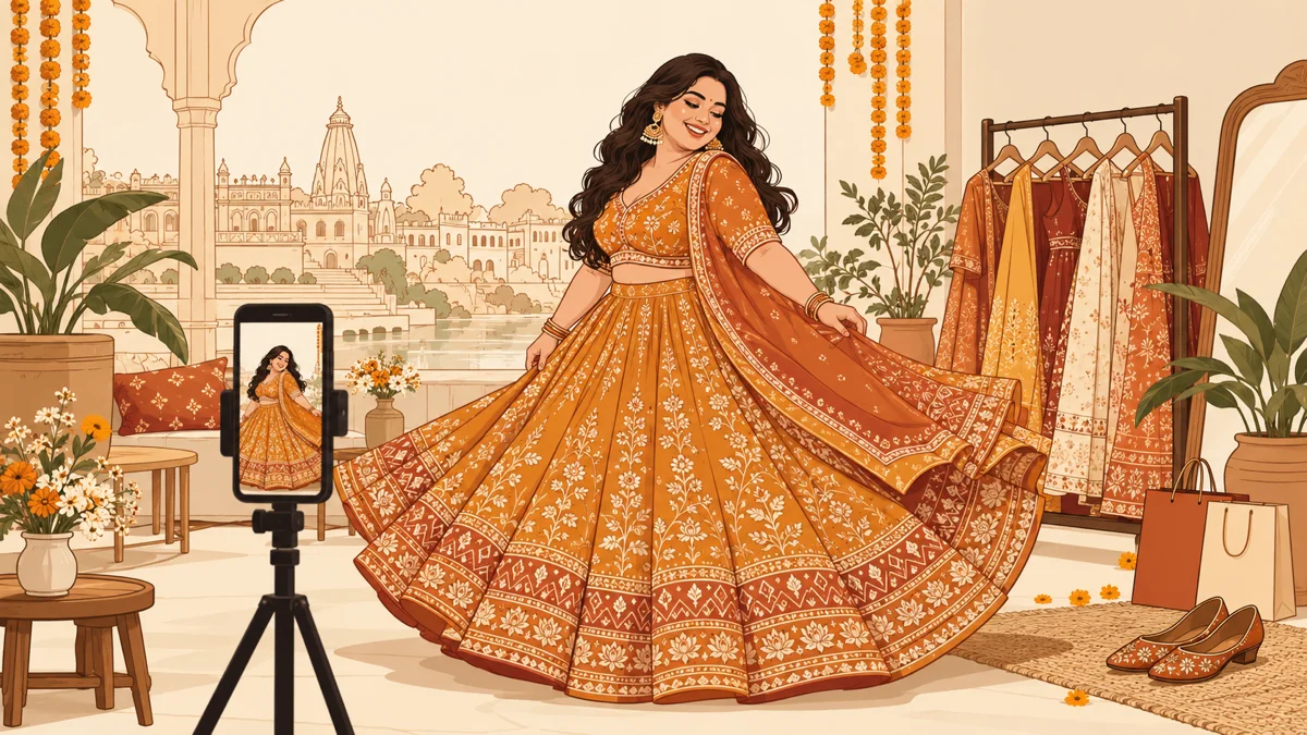 Illustration of a plus-size Gujarati woman in a lehenga filming a try-on reel on her phone